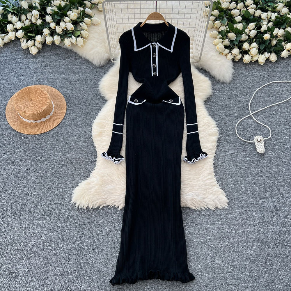 Autumfrenchelegance tweed styleknittingdresslong skirt women's fashioncontrast color lapellong sleeves silmslimming look trendy