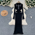 Autumfrenchelegance tweed styleknittingdresslong skirt women's fashioncontrast color lapellong sleeves silmslimming look trendy