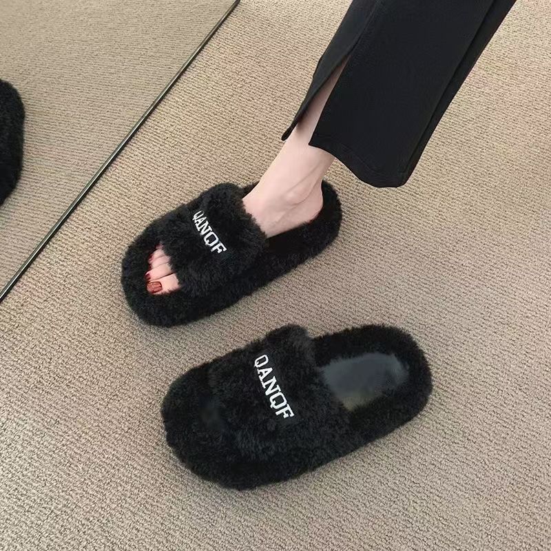Celebrity style letter fur slippers thick soleoutwearfashioneasiest for match2024 autumn and winter new arrival women's home cotton slippers