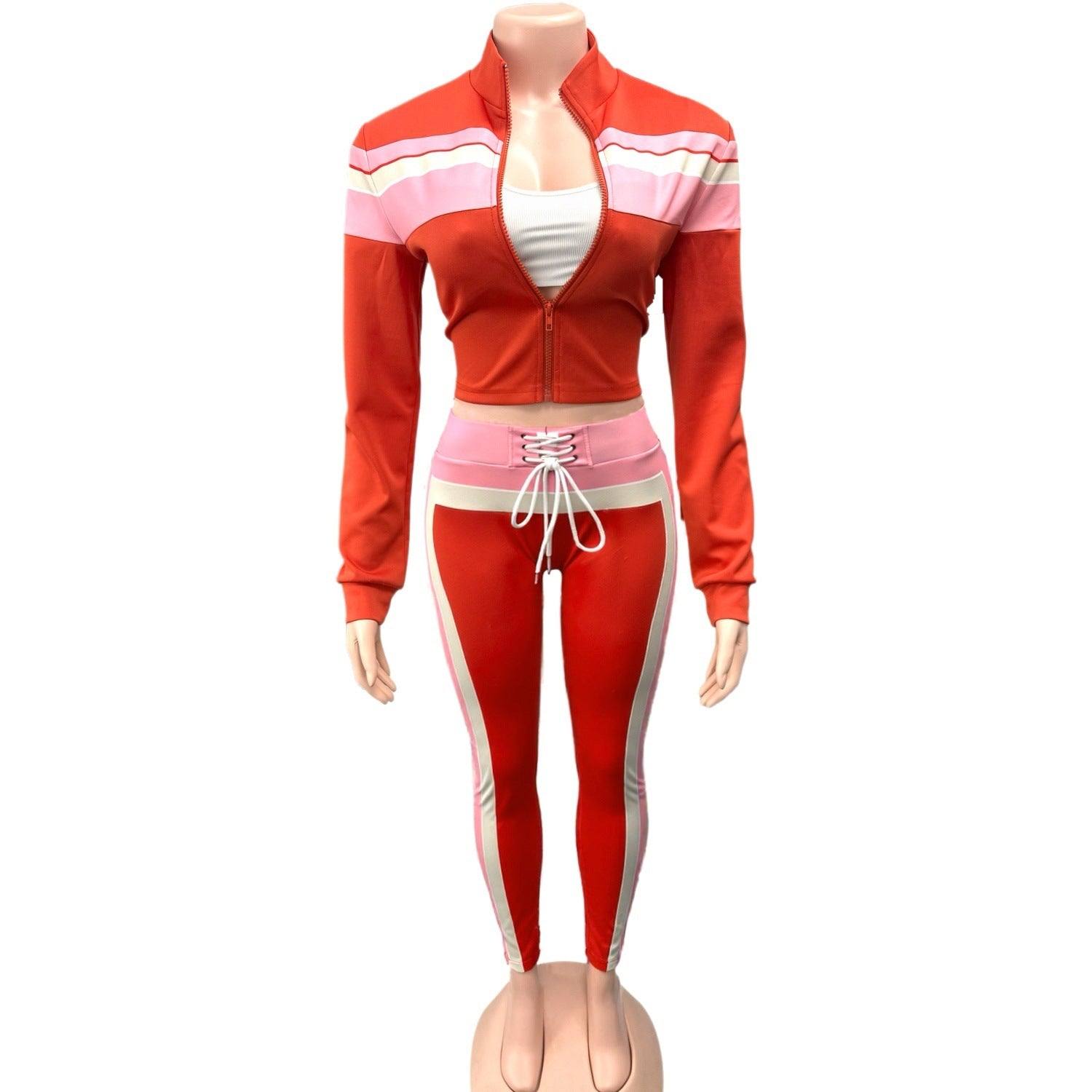 Cross-border European and American fashion street women's clothing contrasting colors splicing long-sleeved zipper cardigan sports and leisure trousers two-piece set