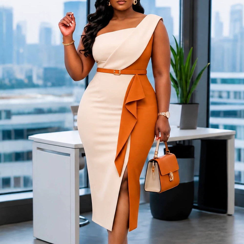 Commuting slanted shoulder rufflesilm skirt slimming look belt workplace patchworkcontrast color slit dress dresses