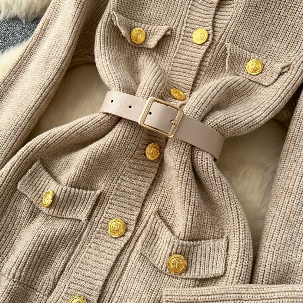 French chic chanel-inspired round neck cardigan knit dress - women's fitted waist inner layer sweater dress