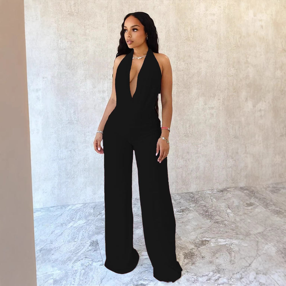 Aliexpress european and american women's clothing  spring/summer new collection: solid color casual scoop neck backless top & sexy wide-leg pants set