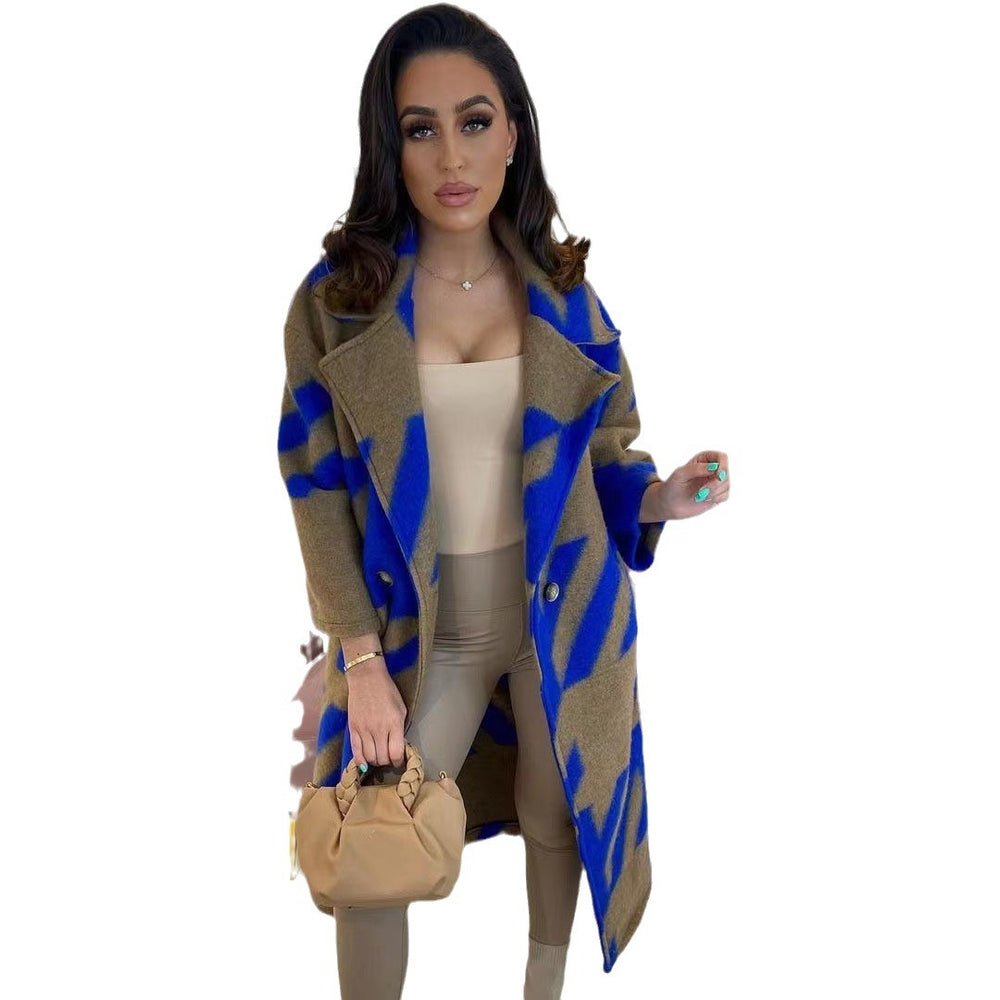 new european and american autumn cross-border women's clothing: various color-blocked fashion long-sleeve turn-down collar outerwear printed woolen coat
