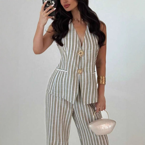 2025  new striped temperament V-neck vest top casual trousers women's  European and American women's clothing two-piece set