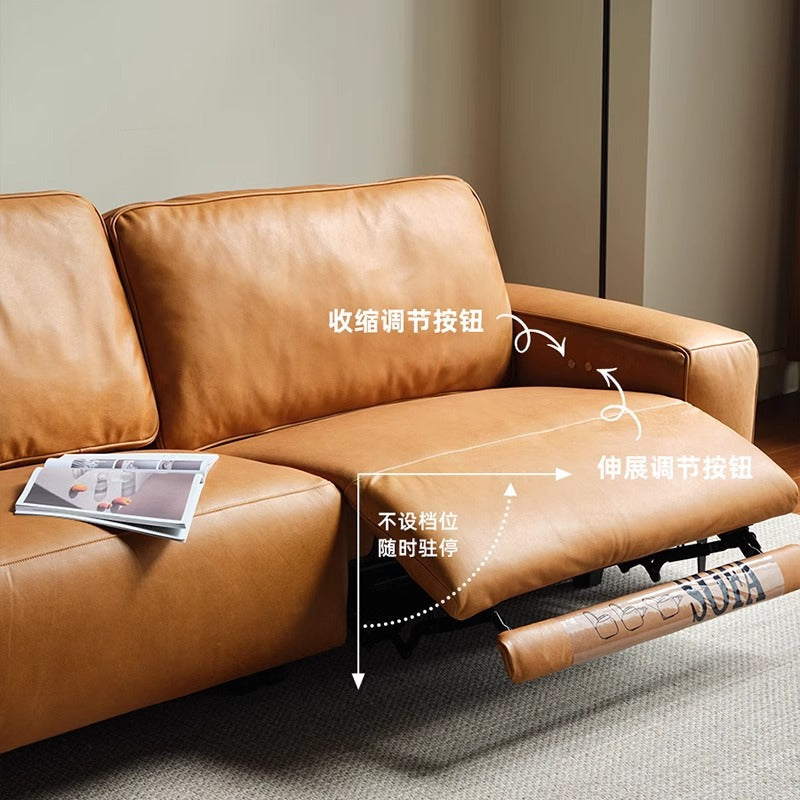 Foshan-made genuine leather electric recliner sofa, perfect for small apartments. this adjustable italian-style straight-row sofa is ideal for living rooms and home theaters