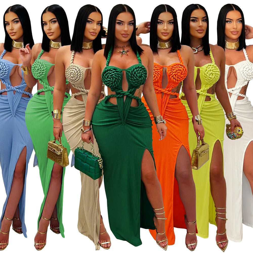C7407 cross-border   fashion women's sexy knitted halter backless solid color dress
