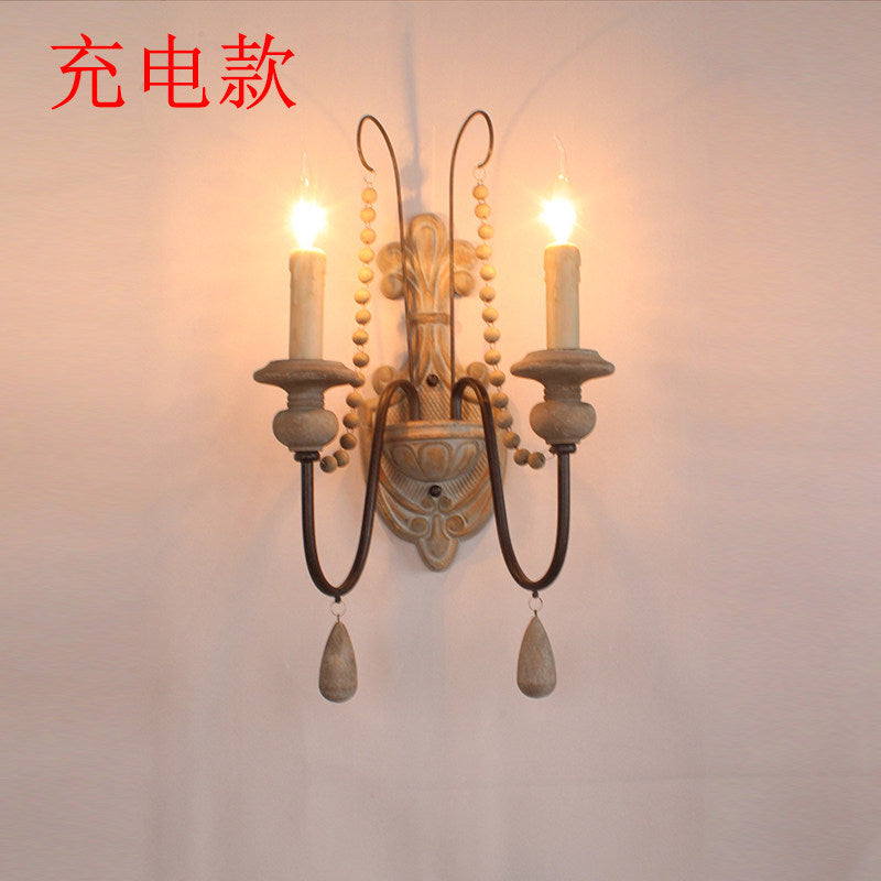 American retro wall lamp - cordless charging, solid wood, french style for living room, bedroom, bedside, hallway, stairway, candle wall sconce
