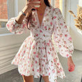 cross-border e-commerce women's fashion: european and american summer new arrivals - elegant and sweet printed v-neck lace mini dress