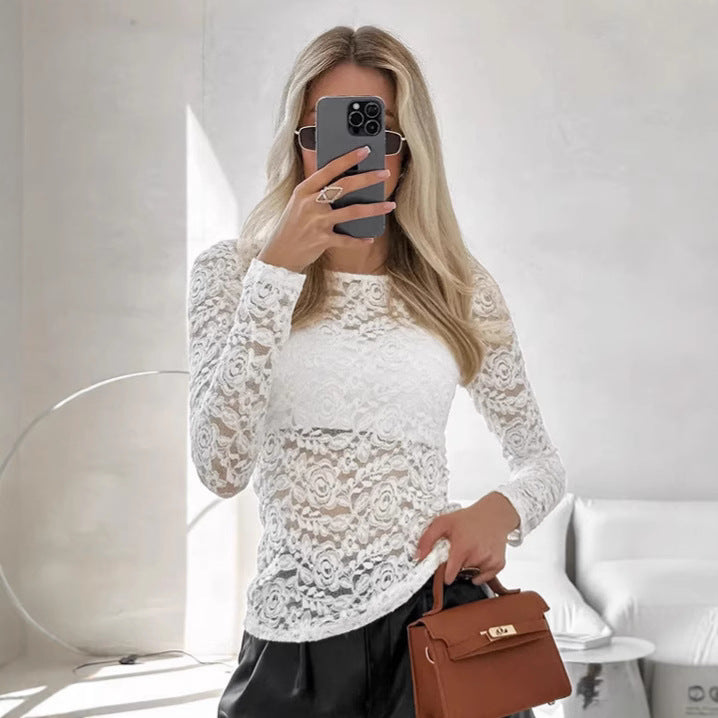 Cross-border European and American fashion white knitted lace T-shirt women's spring inner pullover round neck long-sleeved bottoming shirt women's clothing