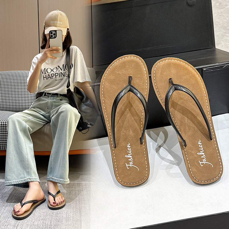 Women's flip-flops summeroutwear nubuck leather upper fashion seaside flatsoutwear new beach flip-flops