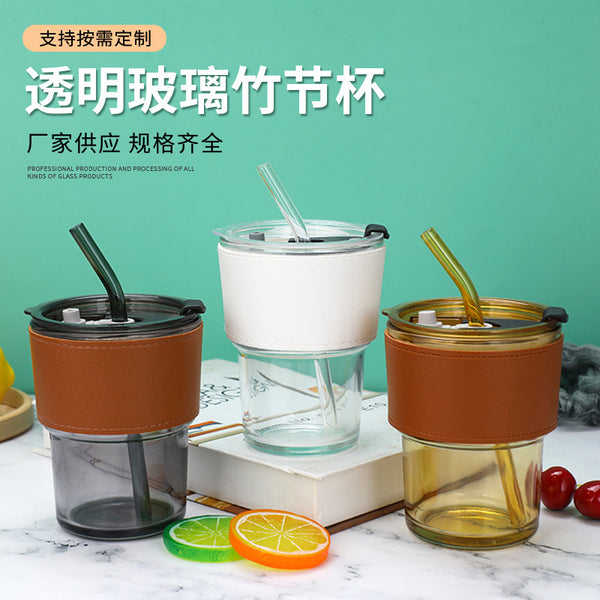 Fashion glass bamboo cup with straw coffee cup sealed juice beverage cup printed LOGO advertising cup