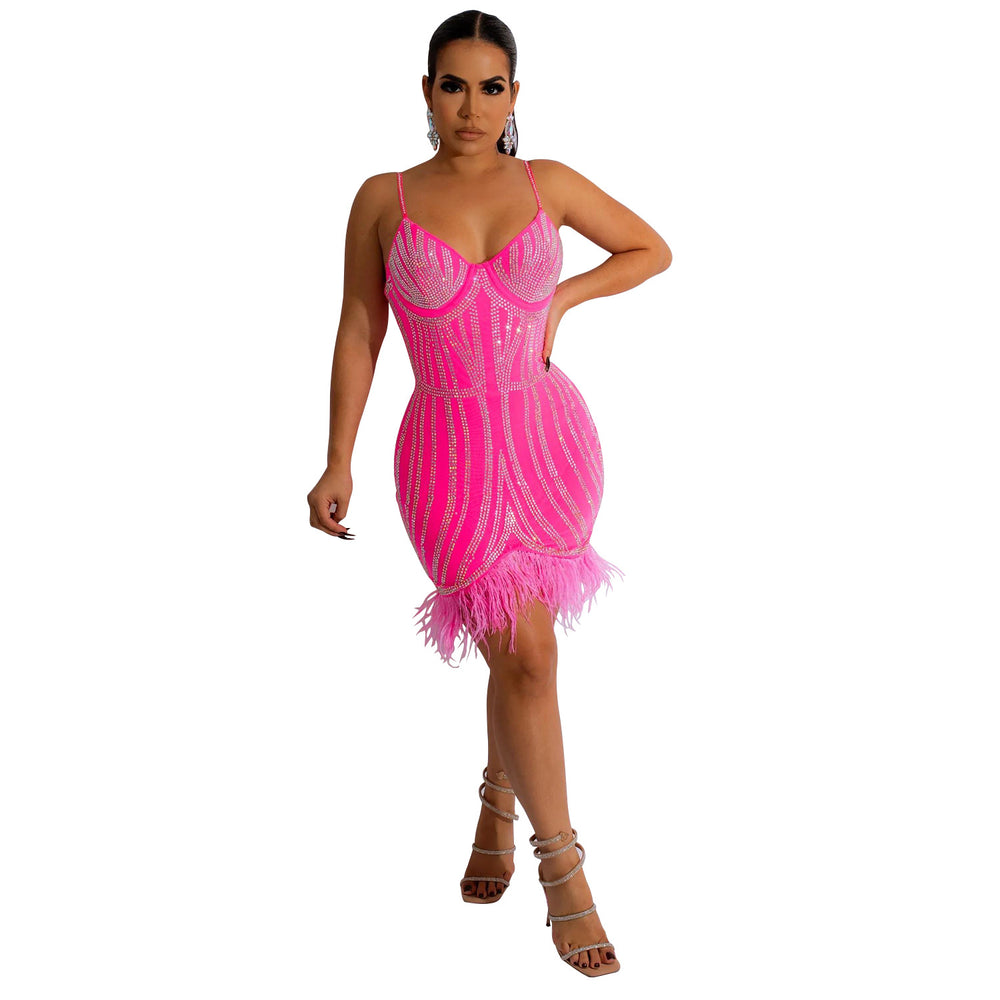 C6156 cross-border   fashion women's sleeveless bandeau dress with hotfix rhinestones and feather straps