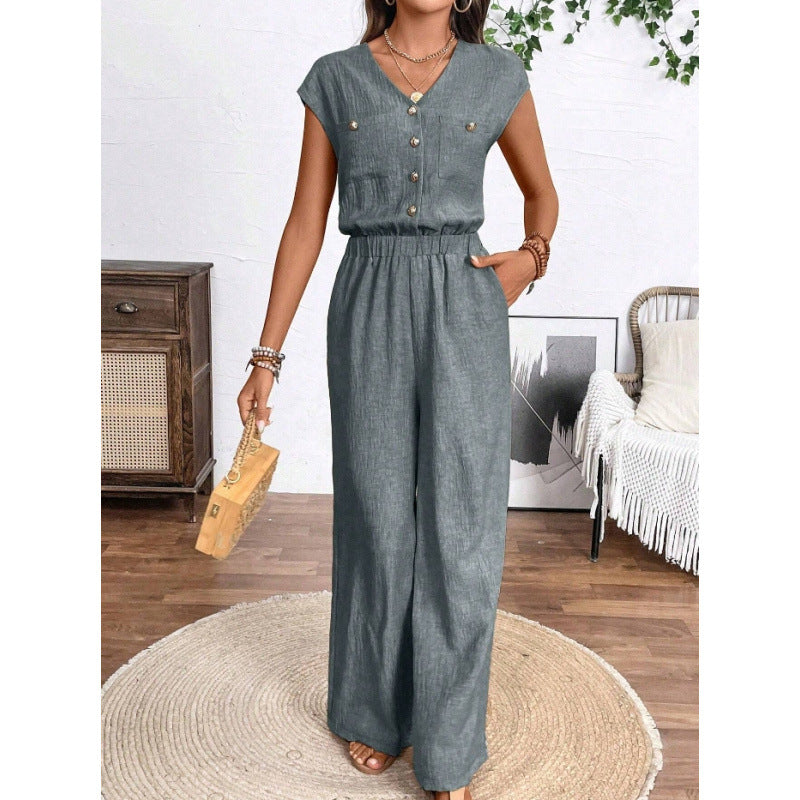 Women's v-neck short sleeve jumpsuit with button-front, elastic waist, wide leg, and pockets - perfect for everyday casual wear