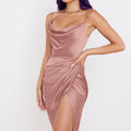 2025 fashionable sexy foreign trade slit satin european and american dress slim fit elegant sexy spaghetti strap slit dress