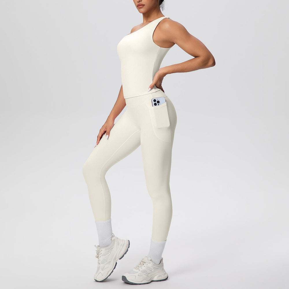 New arrival: cross-border brushed microfiber seamless tank top & leggings set - pocketed activewear for running, fitness, and yoga (two-piece)