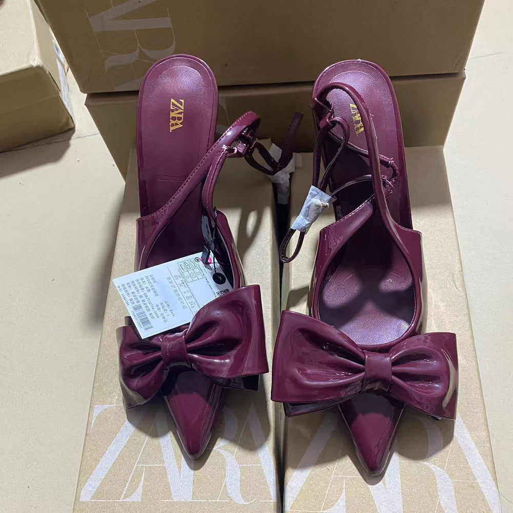 Za2024autumnew arrival burgundy patent leather bow-embellished french pointed toe hollow back strap stiletto sandals