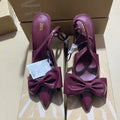 Za2024autumnew arrival burgundy patent leather bow-embellished french pointed toe hollow back strap stiletto sandals