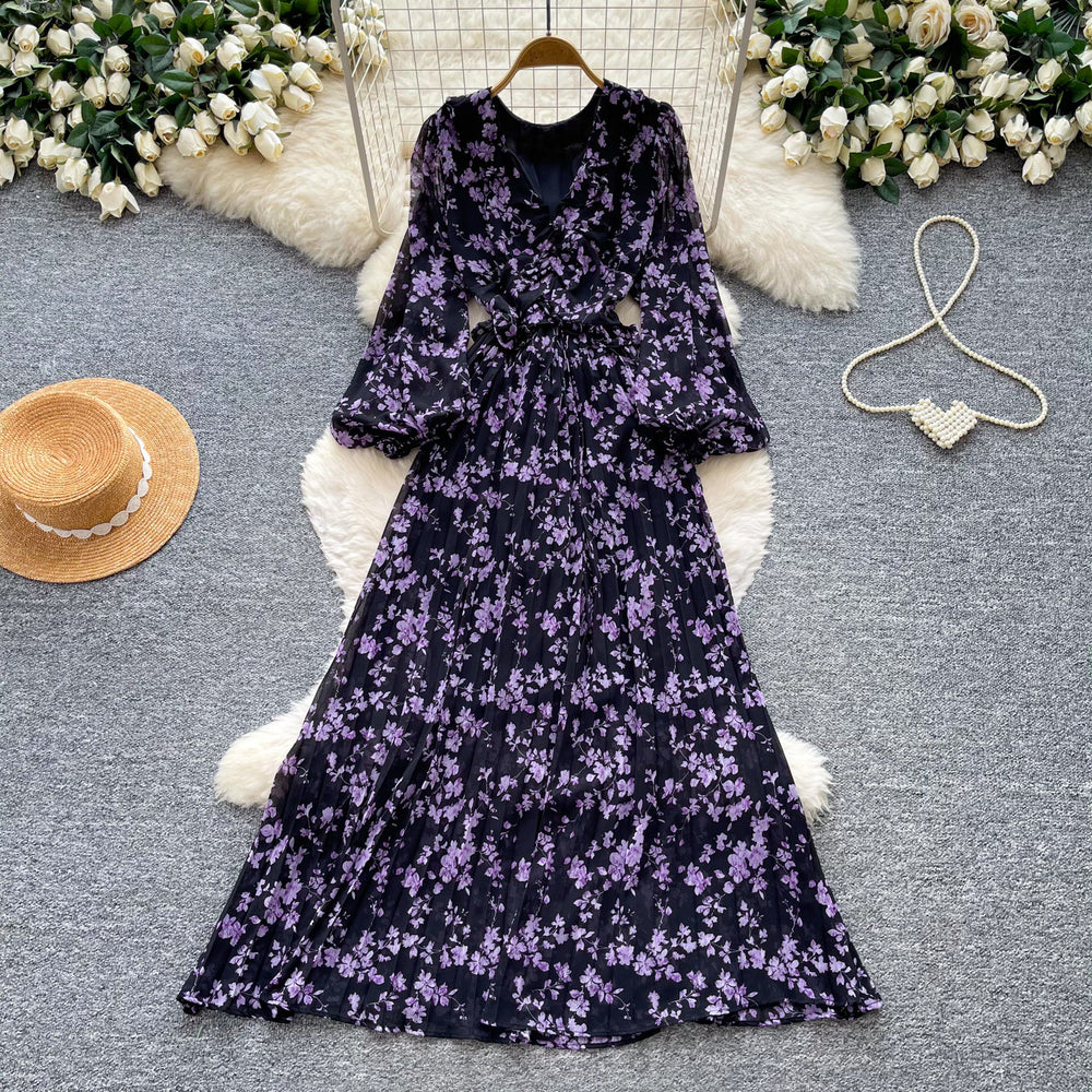 French-inspired v-neck lantern sleeve printed dress - spring floral korean style, slimming a-line maxi dress
