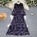 French-inspired v-neck lantern sleeve printed dress - spring floral korean style, slimming a-line maxi dress