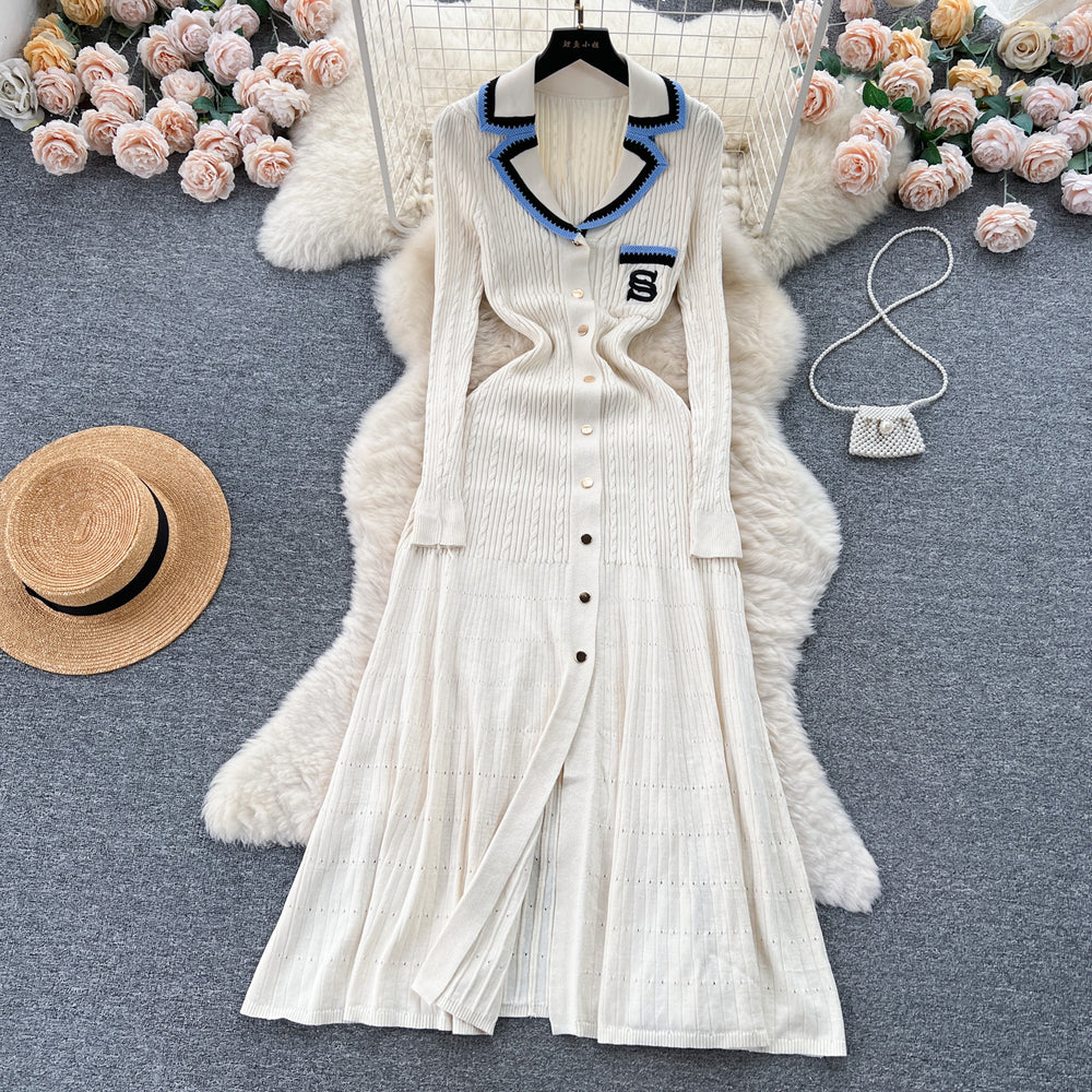Xiaoxiangfengknittingdress women's fall and winternew arrival women's bottom skirtelegant waist contrast colorembroidersweaterlong skirt