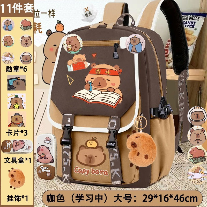 export cartoon capybara backpack - large capacity school bag for middle and elementary school girls - cute capybara backpack