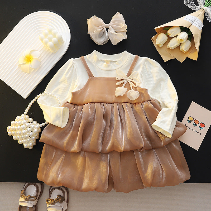 Girls' autumn dress  new style chic girl's long dress autumn outfit toddler & little girl's shimmering princess dress