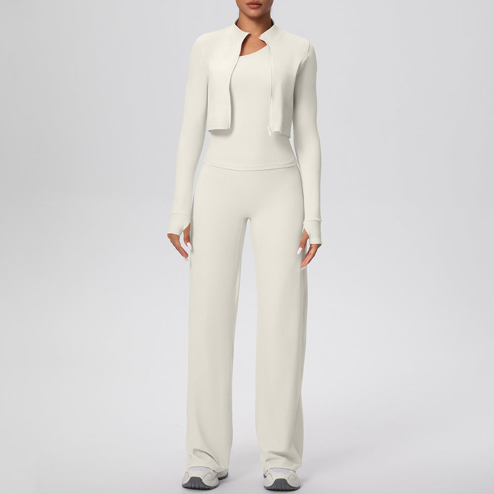 pure color brushed tight one-shoulder vest wide-leg long three-piece set sports running fitness yoga suit