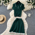 Preppy style polo collar knittingtwo-piece set female summerwork clothing styleslimming look short-sleeved topselegant skirt suit