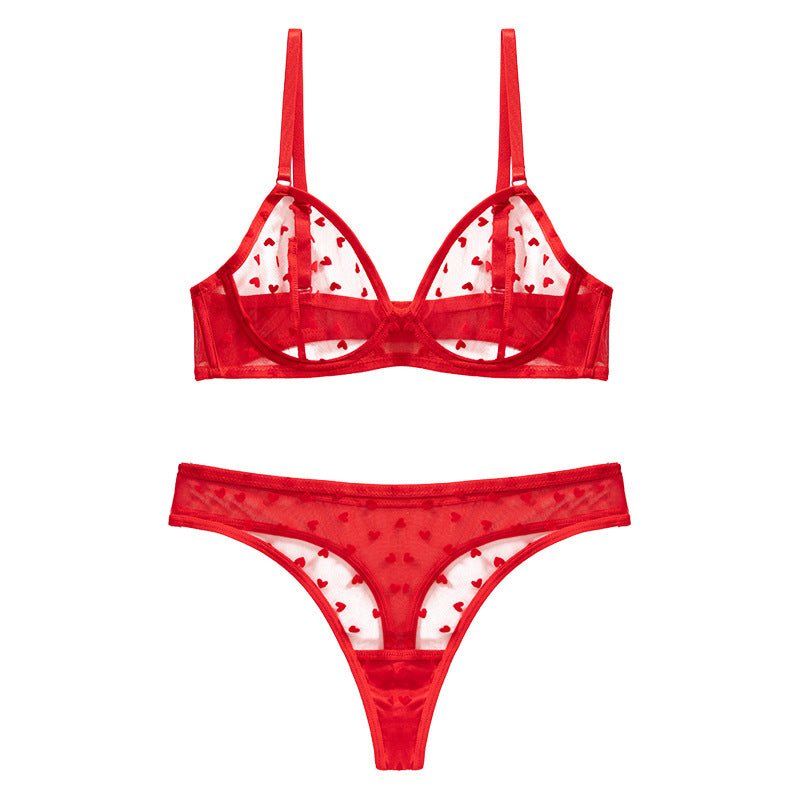 new arrival flocked heart-shaped women's intimates ultra-thin bra lacesexy push-up thin bra suit