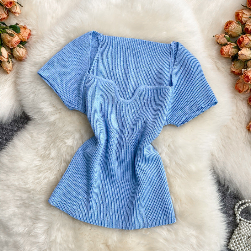 Summer hot girl style short t-shirt short sleeve sense of designniche style square neck heart exposed collarbone exposed navel knitting shirttops women