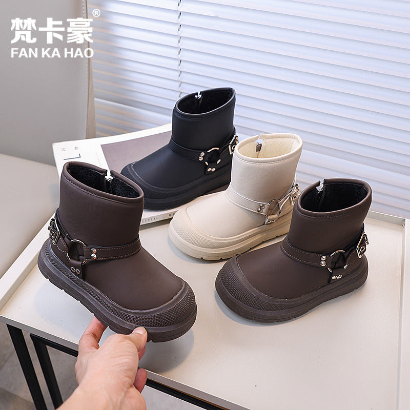 Vancahao boys' black ankle boots - new korean style for winter  - girls' casual boots - trendy cotton shoes for mid-to-large children
