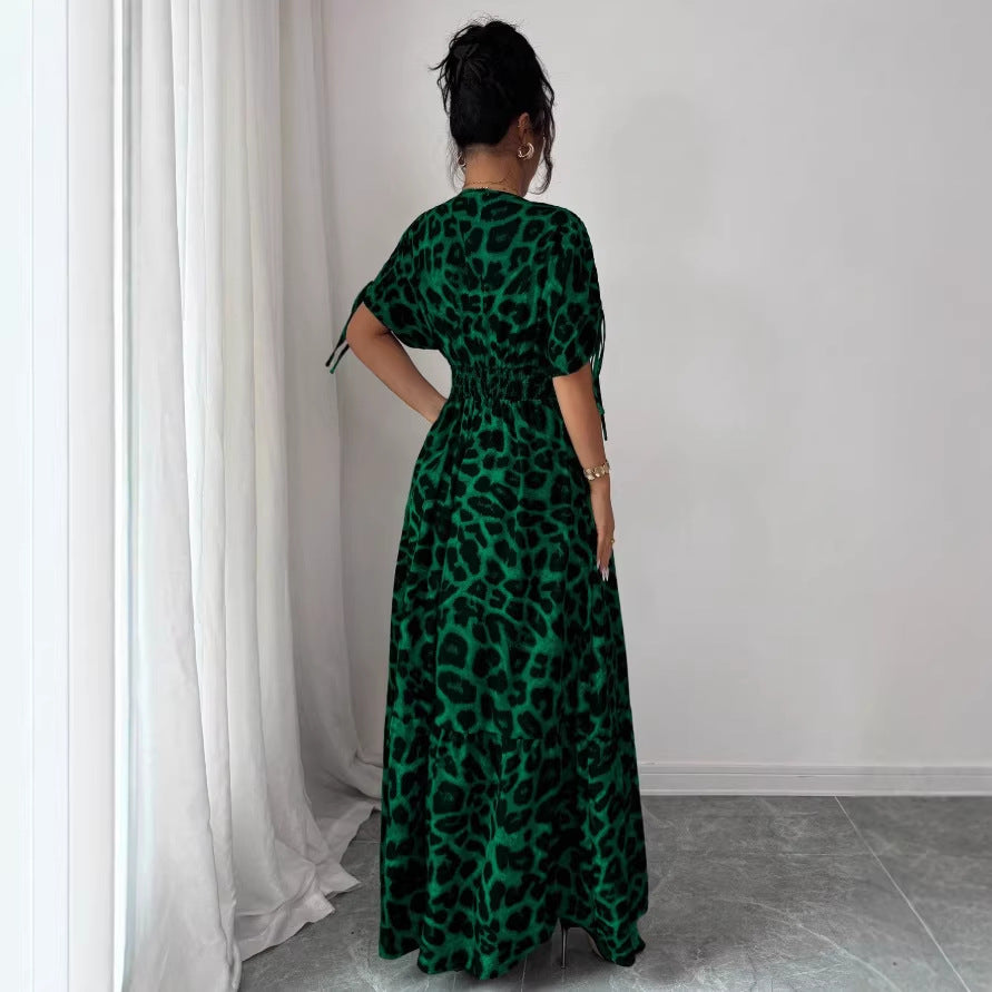 cross-border fashion summer printed v-neck fitted midi dress