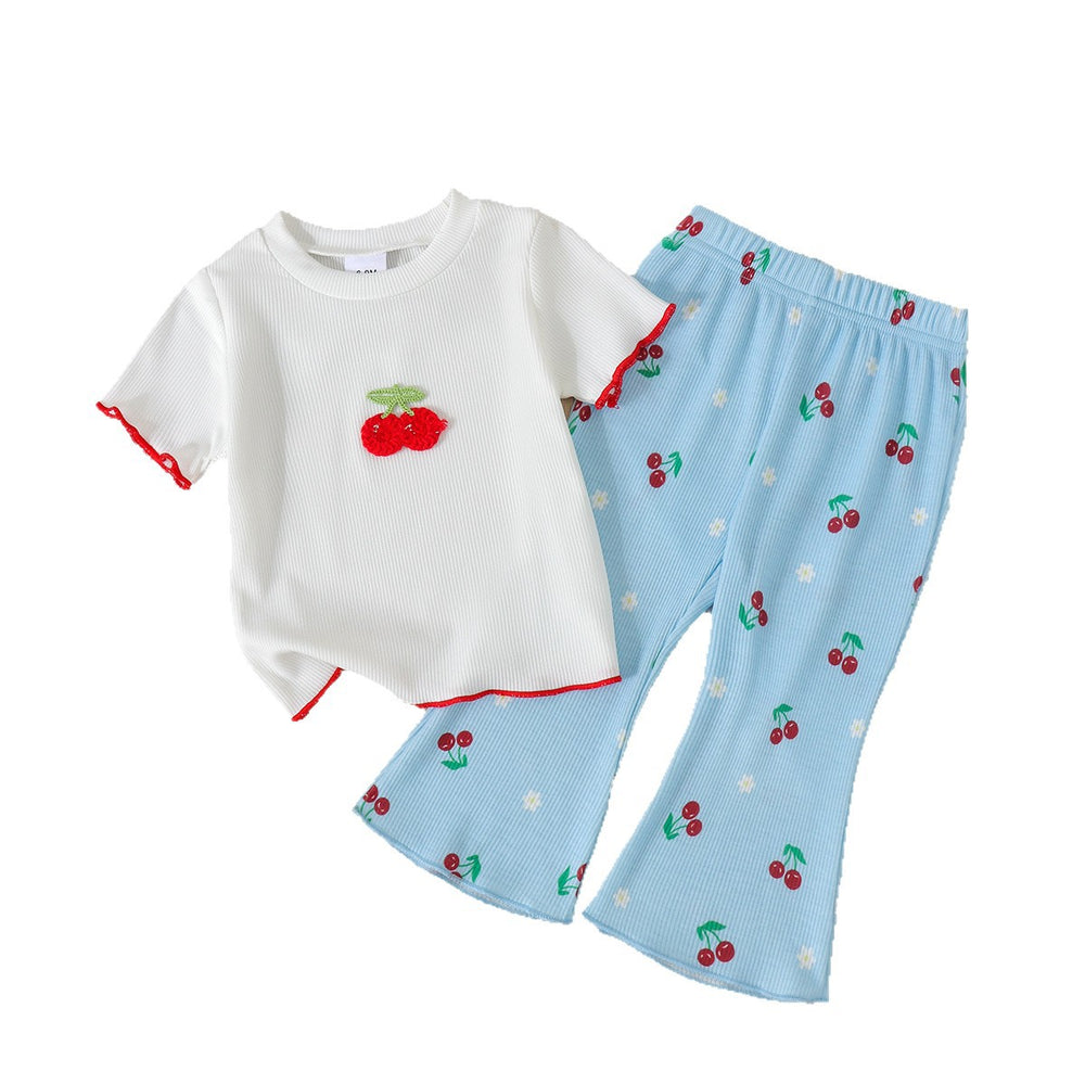 Kids clothing  cross-border new arrivalfashion spring & fallgirlwhite short-sleeved t-shirt + blue pants