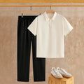 Men's summer linen-feel suit set: short-sleeve polo shirt + casual pants, versatile business two-piece outfit