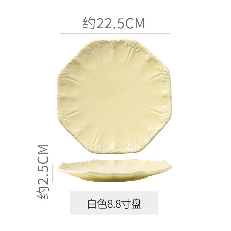 Embossed retro ceramic dinnerware set - french style, high-end steak plates, dessert plates, and salad bowls for home use