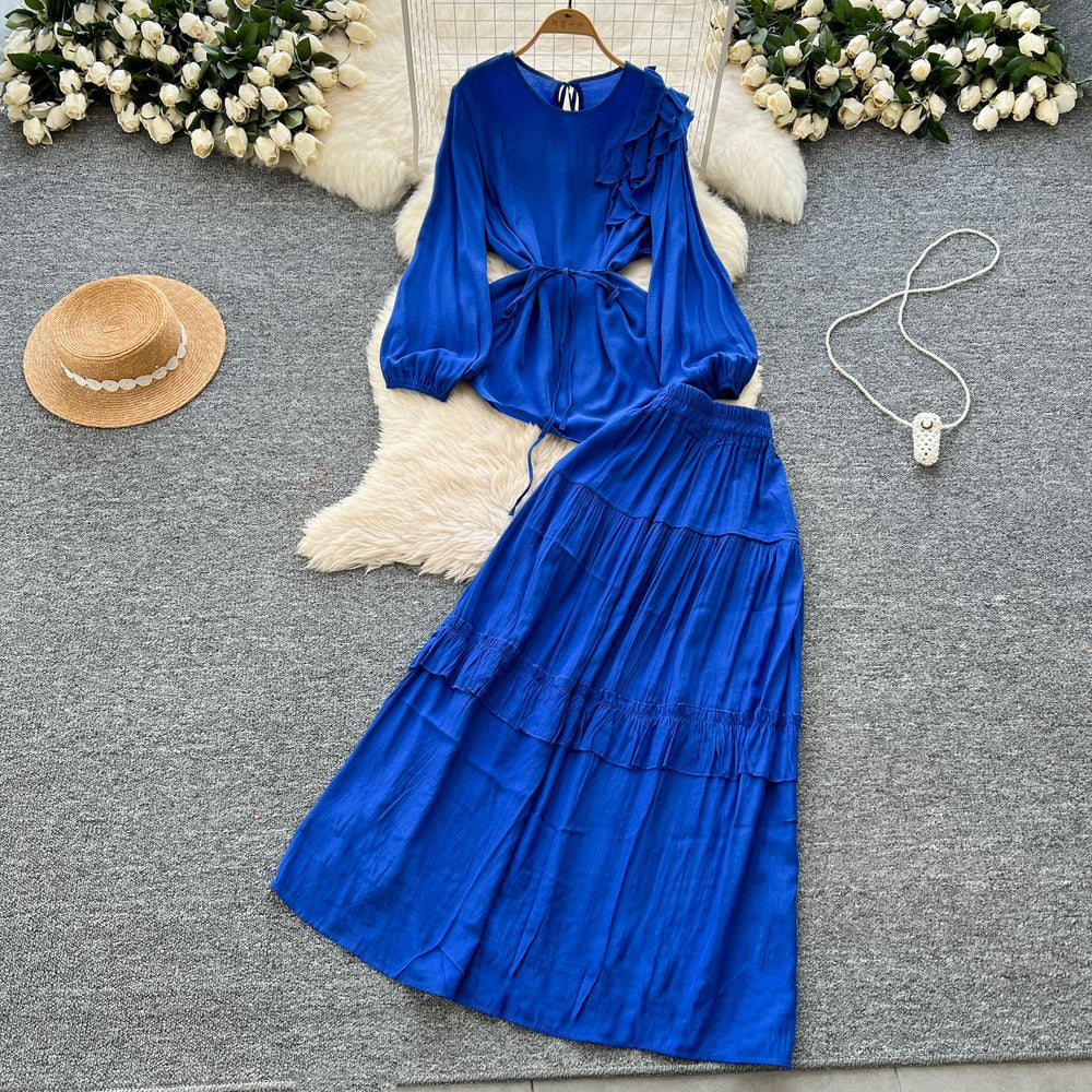 European and american retro style mature woman's minimalist chic set - spring puff sleeve top + elastic waist slimming midi skirt