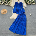 European and american retro style mature woman's minimalist chic set - spring puff sleeve top + elastic waist slimming midi skirt