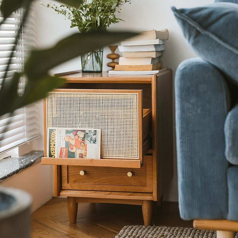 Japanese solid wood bedside table rattan bedroom wabi-sabi storage cabinet casual night light drawer medieval storage sofa side cabinet