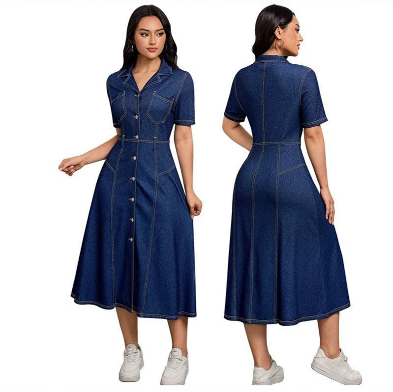 New arrivalfashion cross-border  independent station export short-sleeved lapel casual style shirt collar denim dress