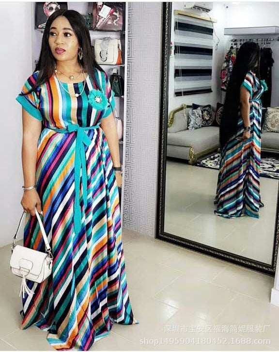Factory direct export supply: colorful striped batwing sleeve belted maxi dress - clearance sale!
