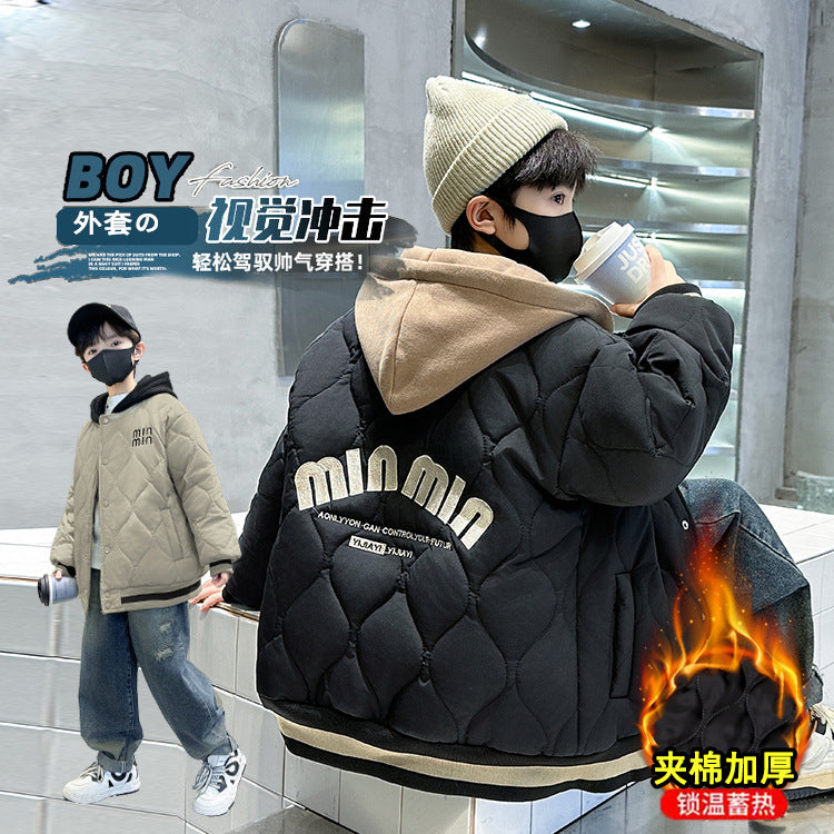 fall/winter kids' & teens' letter print cotton padded jacket - thickened cardigan top, loose fit, casual hooded warm cotton coat