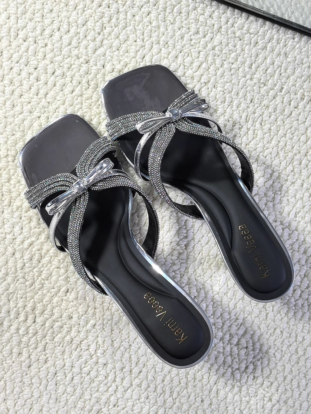 2026 stiletto heel square toe mules - rhinestone high heel sandals for women - silver summer outdoor wear - trendy bow design