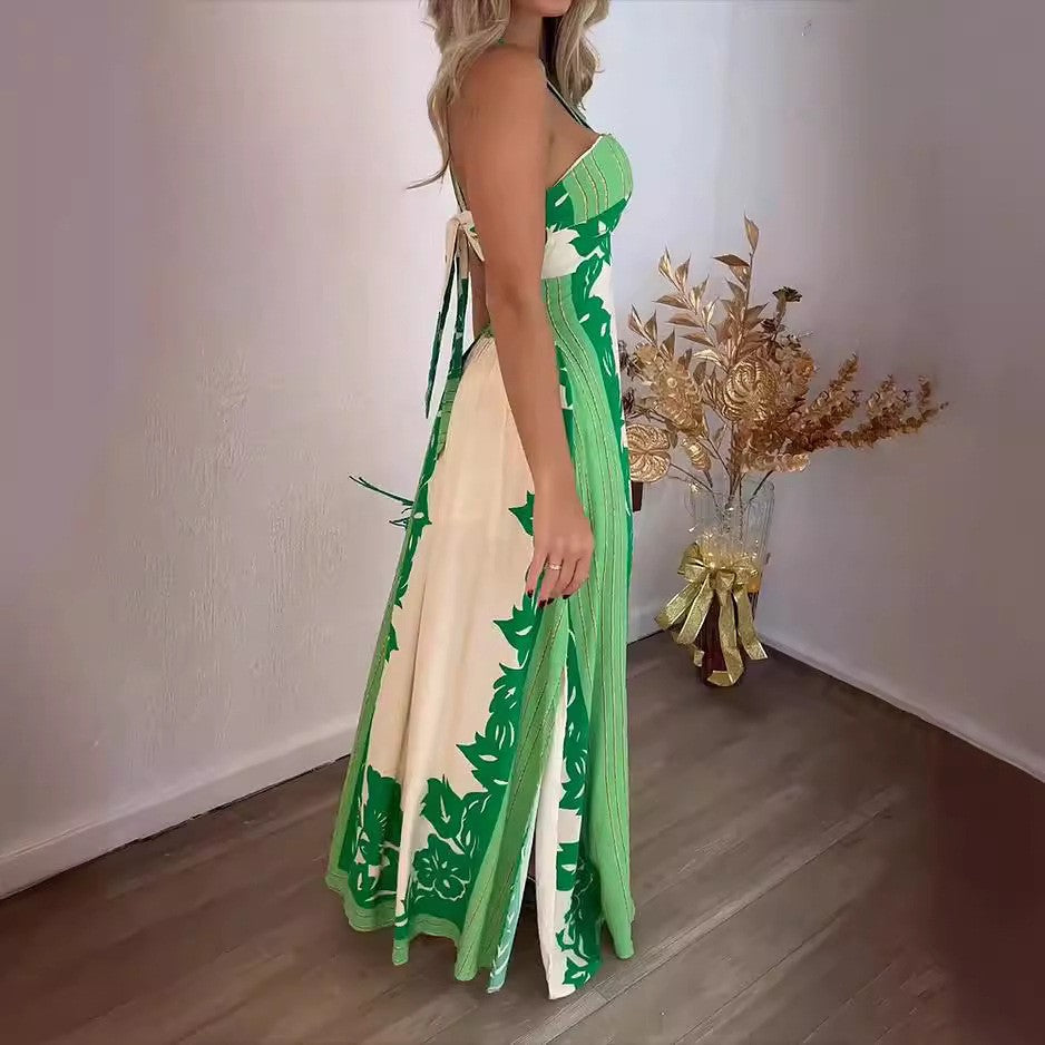 2025 summer new arrival: european and american style halter neck sexy color block fashion vacation beach long printed dress - women's apparel
