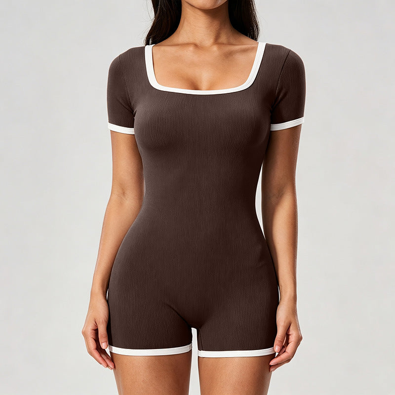 European and american style two-piece look color block cami sports bodysuit - one-piece yoga outfit - open back outdoor fitness jumpsuit for women
