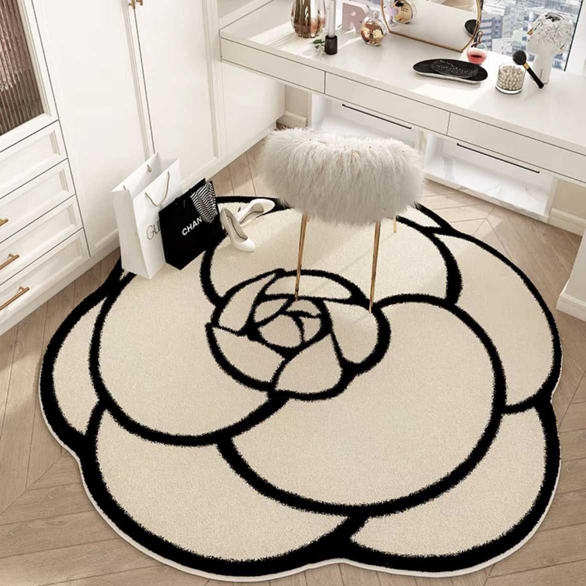 Camellia special-shaped carpet, living room light luxury premium floor mat, bedroom, cloakroom, foot mat, makeup room, study, rotating chair cushion