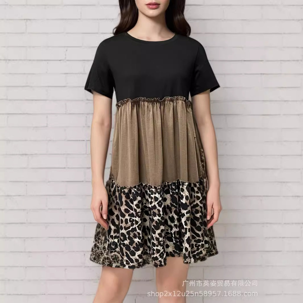 Spot European and American summer women's clothing hot-selling   leopard print color matching elegant round neck dress
