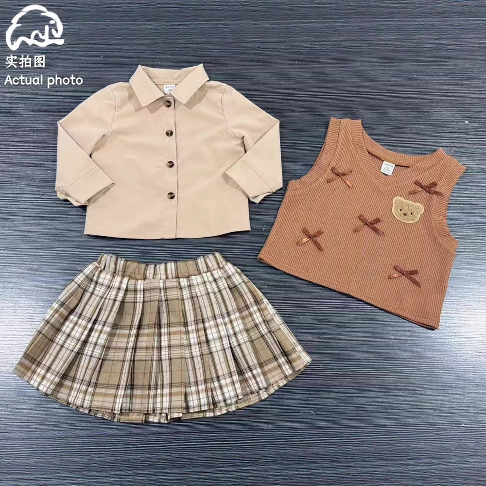 autumn newborn & toddler preppy style shirt, knit vest, and pleated plaid skirt three-piece set