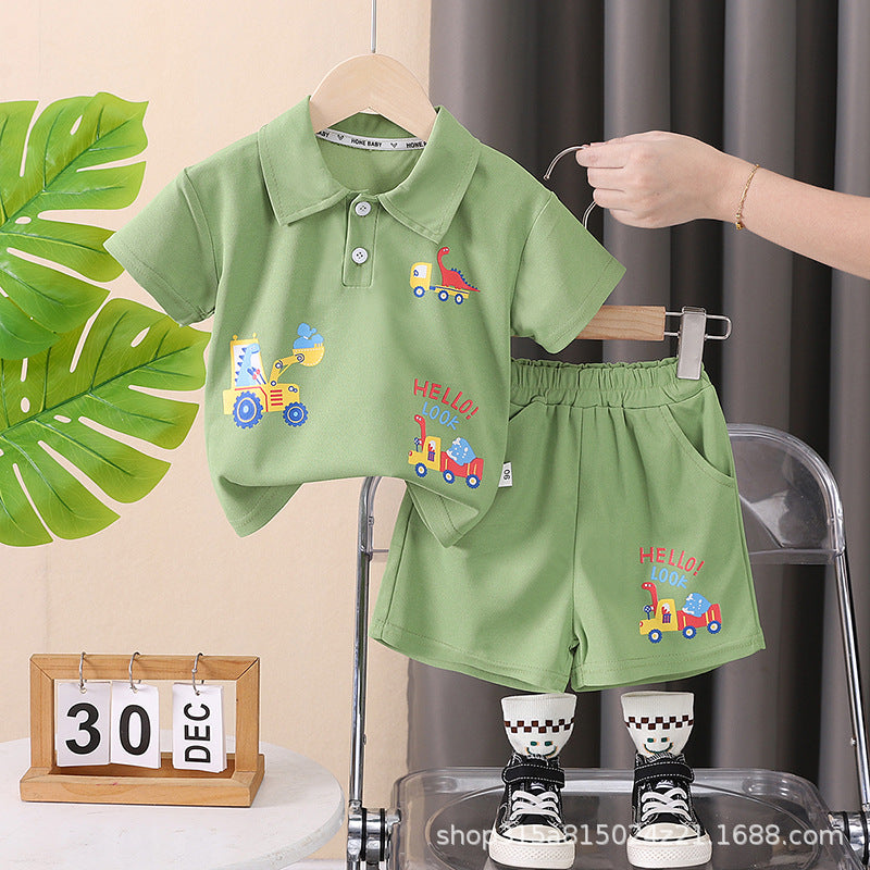Kids' polo shirt and shorts set - new cotton cartoon car design - boys' solid color top and pants wholesale