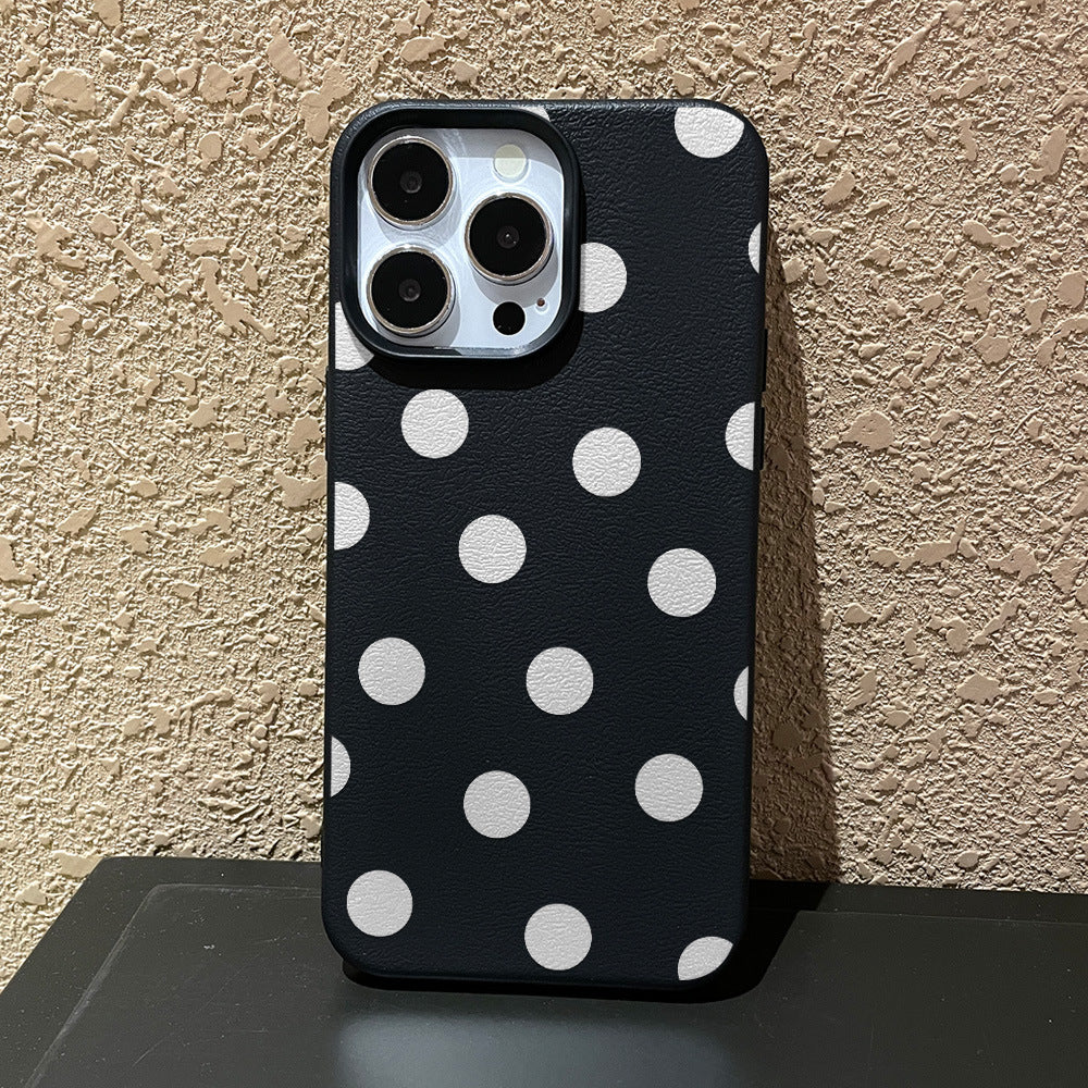 Suitable for iphone 17 pro max black background white polka dot phone case, apple 15 full coverage shockproof hard case, women's style wholesale